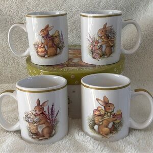 NIB S/4 Certified International “Bunny Tales” Set of 4 Easter Bunny Mugs